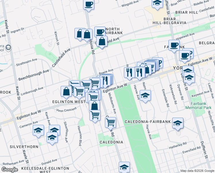 map of restaurants, bars, coffee shops, grocery stores, and more near 12 Snider Avenue in Toronto