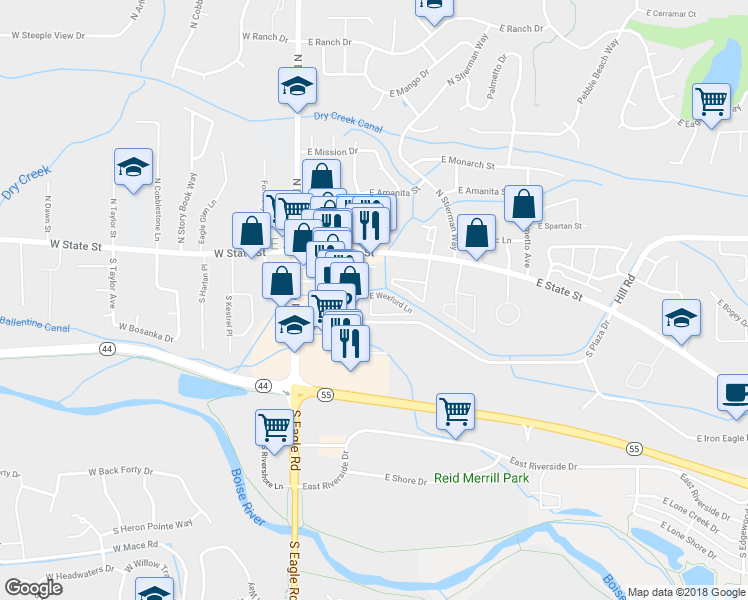 map of restaurants, bars, coffee shops, grocery stores, and more near 221 East Wexford Lane in Eagle