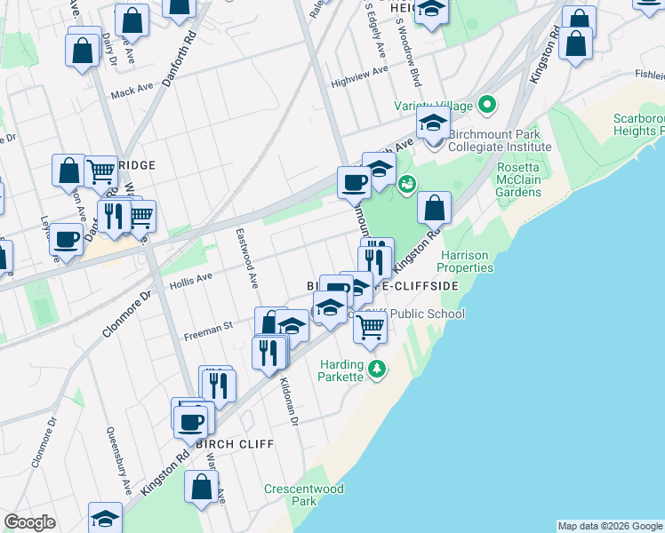 map of restaurants, bars, coffee shops, grocery stores, and more near 27 Avalon Boulevard in Toronto