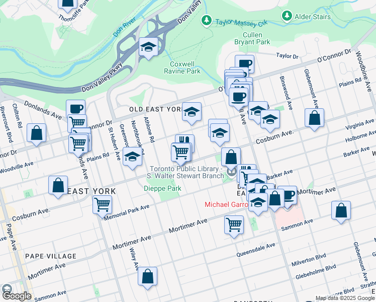 map of restaurants, bars, coffee shops, grocery stores, and more near 7 Derwyn Road in Toronto
