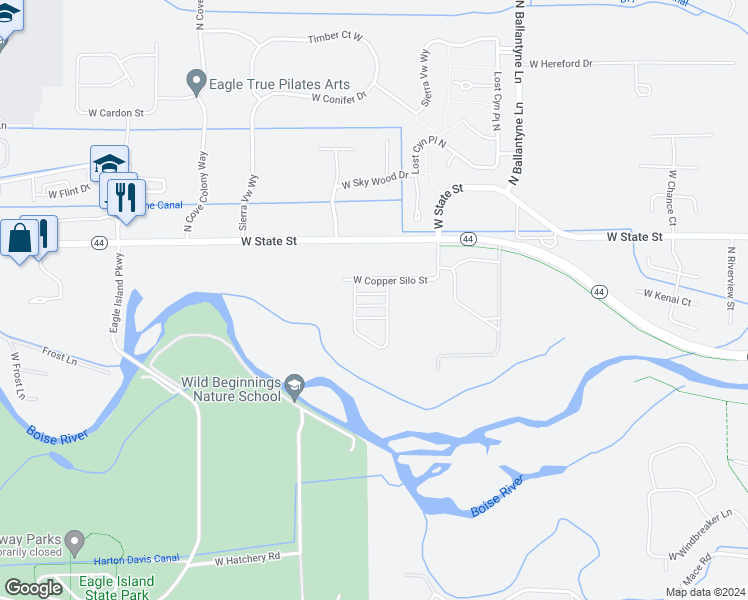 map of restaurants, bars, coffee shops, grocery stores, and more near 2517 W Iron Coop St in Eagle