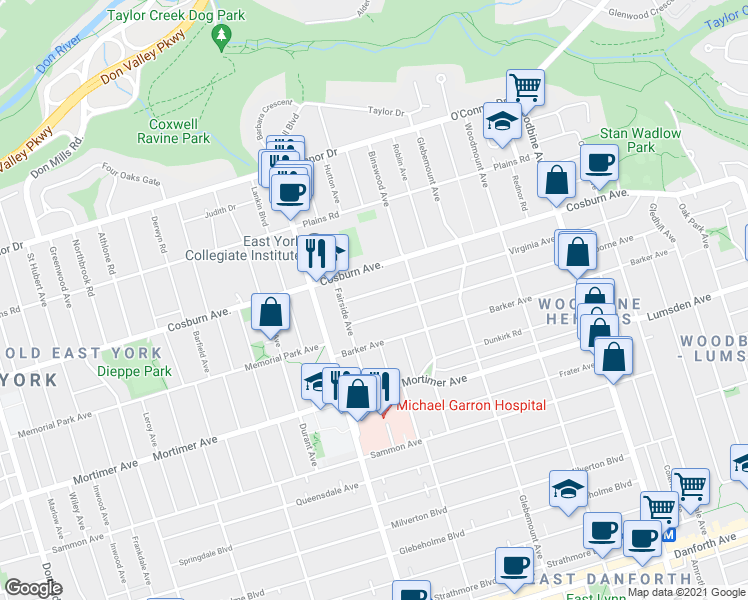 map of restaurants, bars, coffee shops, grocery stores, and more near in Toronto