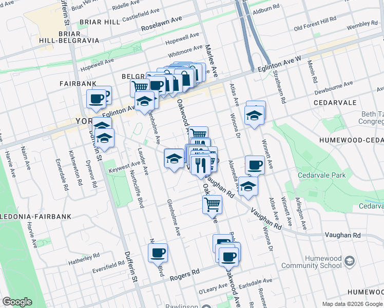 map of restaurants, bars, coffee shops, grocery stores, and more near 564 Oakwood Avenue in Toronto