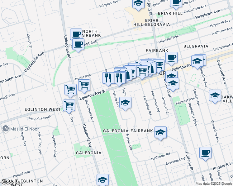 map of restaurants, bars, coffee shops, grocery stores, and more near in Toronto