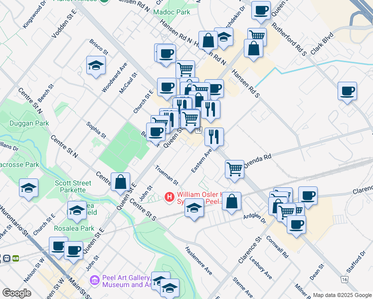 map of restaurants, bars, coffee shops, grocery stores, and more near in Brampton