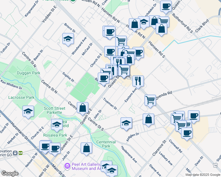 map of restaurants, bars, coffee shops, grocery stores, and more near in Brampton