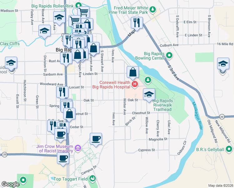 map of restaurants, bars, coffee shops, grocery stores, and more near 420 Ives Avenue in Big Rapids