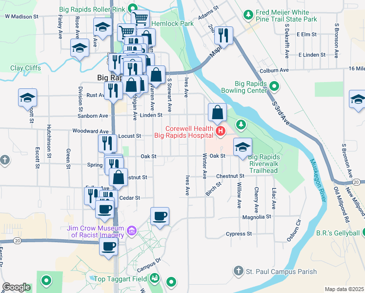 map of restaurants, bars, coffee shops, grocery stores, and more near 420 Ives Avenue in Big Rapids