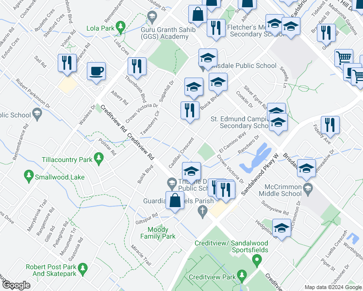 map of restaurants, bars, coffee shops, grocery stores, and more near 140 Cadillac Crescent in Brampton