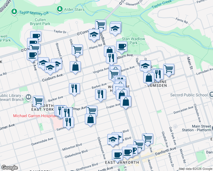 map of restaurants, bars, coffee shops, grocery stores, and more near 105 Barker Avenue in Toronto