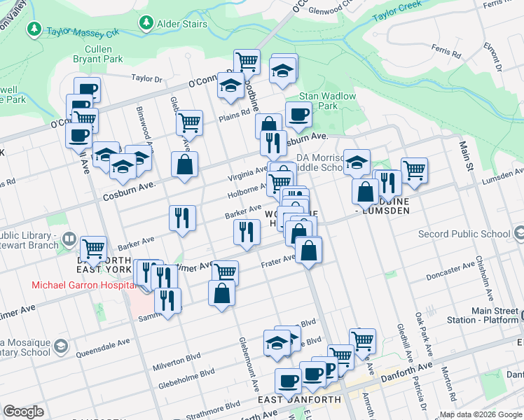 map of restaurants, bars, coffee shops, grocery stores, and more near 107 Barker Avenue in Toronto