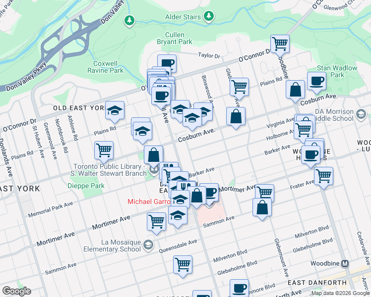 map of restaurants, bars, coffee shops, grocery stores, and more near 64 Fairside Avenue in Toronto