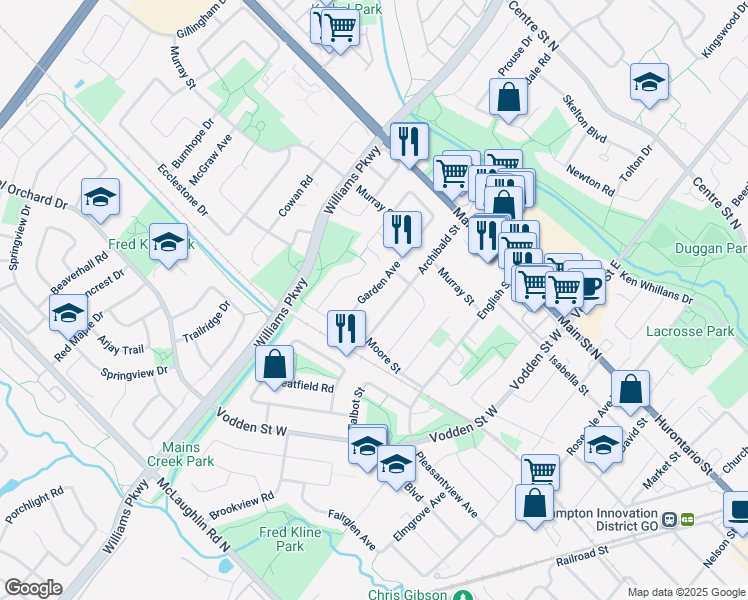 map of restaurants, bars, coffee shops, grocery stores, and more near 21 Garden Avenue in Brampton