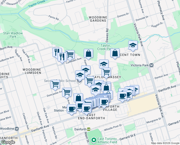 map of restaurants, bars, coffee shops, grocery stores, and more near 15 Eastdale Avenue in Toronto