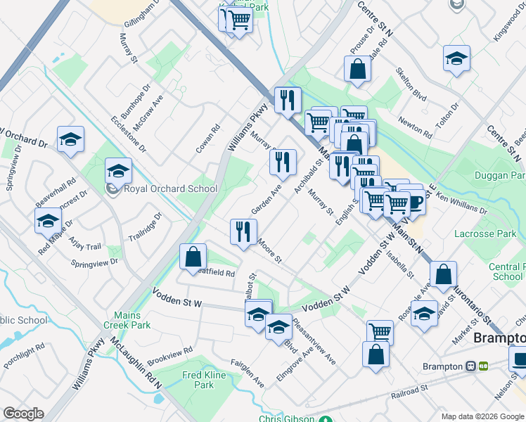 map of restaurants, bars, coffee shops, grocery stores, and more near 21 Garden Avenue in Brampton