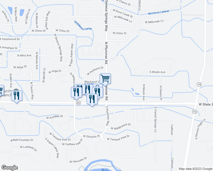 map of restaurants, bars, coffee shops, grocery stores, and more near 195 North Plummer Road in Star