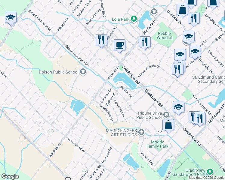 map of restaurants, bars, coffee shops, grocery stores, and more near 180 Robert Parkinson Drive in Brampton