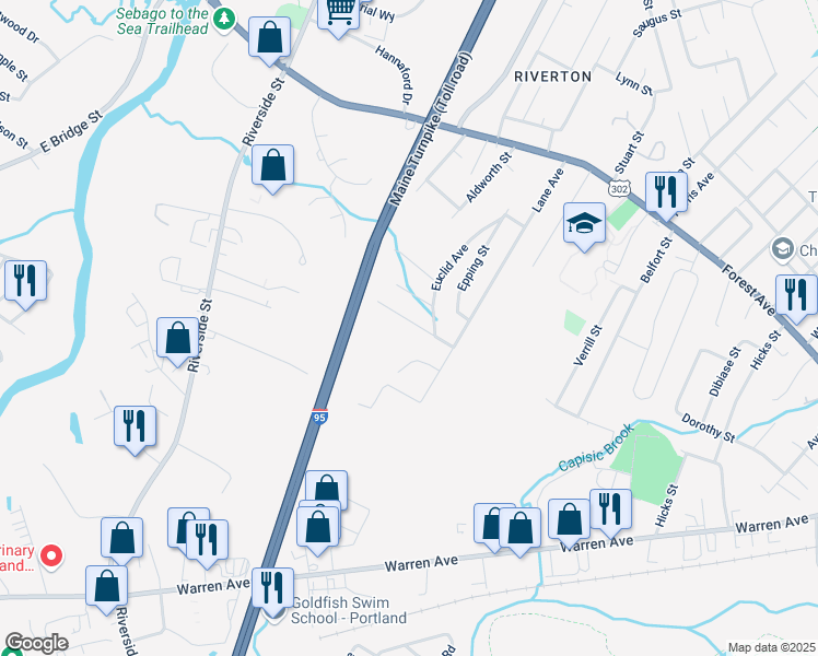 map of restaurants, bars, coffee shops, grocery stores, and more near 40 Label Avenue in Portland