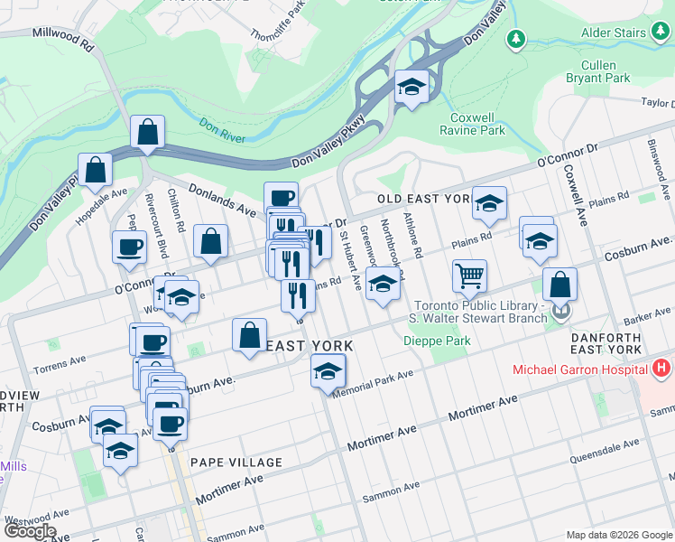 map of restaurants, bars, coffee shops, grocery stores, and more near in Toronto