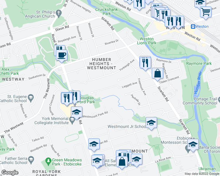 map of restaurants, bars, coffee shops, grocery stores, and more near 59 Leggett Avenue in Toronto