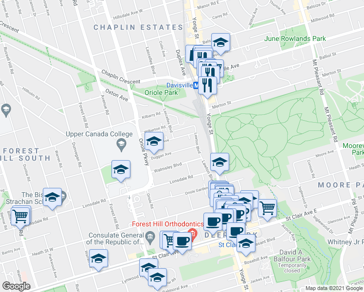 map of restaurants, bars, coffee shops, grocery stores, and more near 19 Duggan Avenue in Toronto