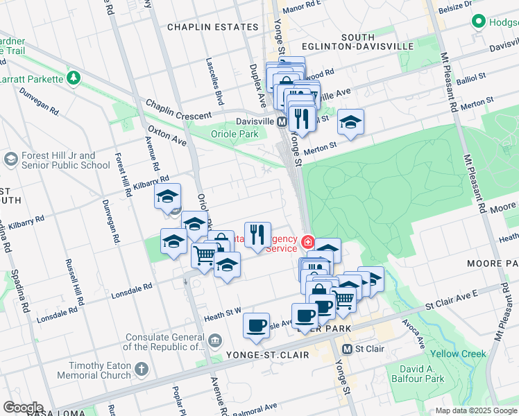 map of restaurants, bars, coffee shops, grocery stores, and more near in Toronto