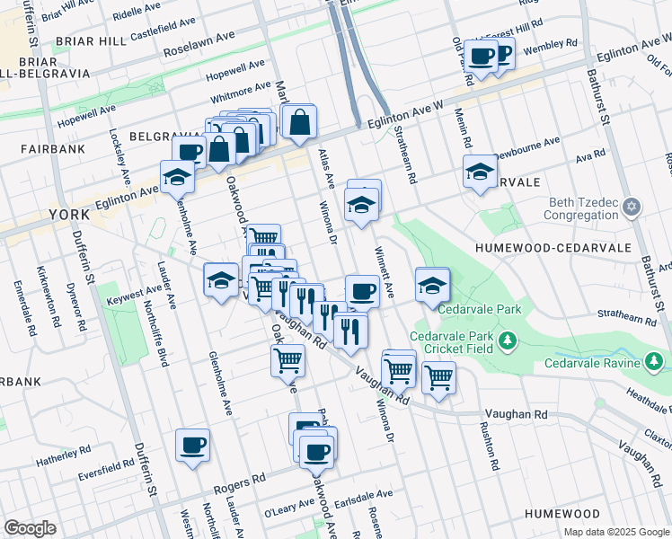 map of restaurants, bars, coffee shops, grocery stores, and more near in Toronto