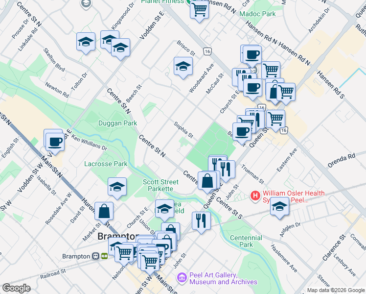 map of restaurants, bars, coffee shops, grocery stores, and more near 30 Thorsby Court in Brampton