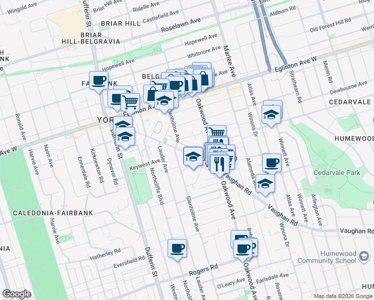map of restaurants, bars, coffee shops, grocery stores, and more near 671a Vaughan Road in Toronto