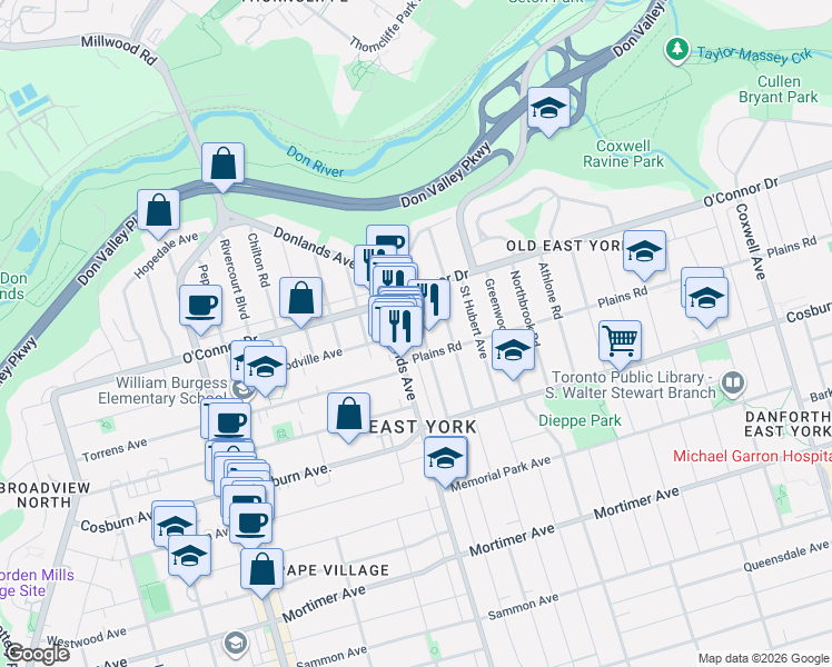 map of restaurants, bars, coffee shops, grocery stores, and more near 86 Lesmount Avenue in Toronto