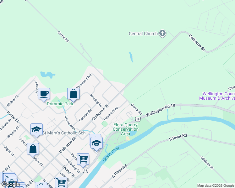 map of restaurants, bars, coffee shops, grocery stores, and more near 360 Colborne Street in Elora