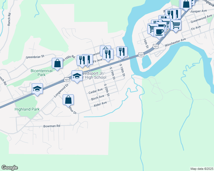 map of restaurants, bars, coffee shops, grocery stores, and more near 443 South 20th Street in Reedsport