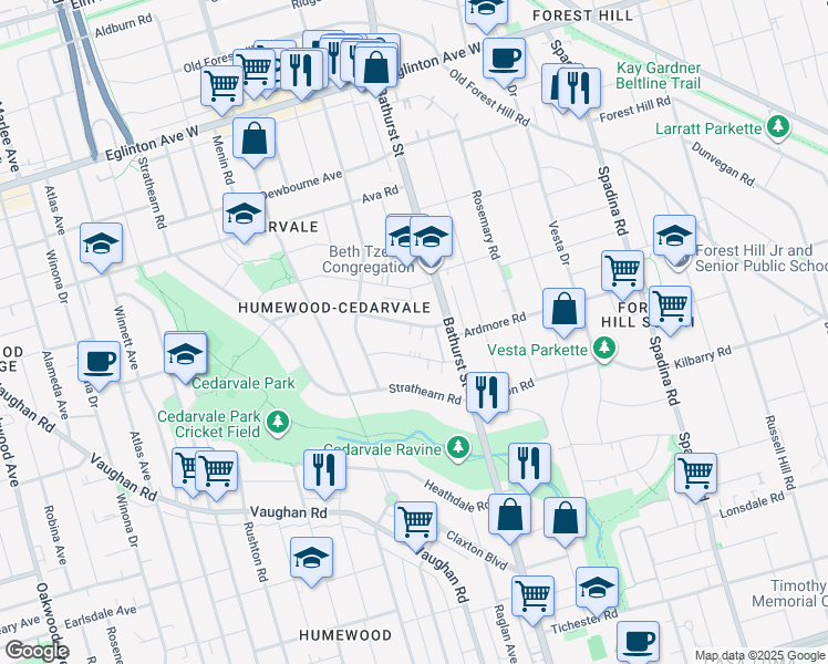 map of restaurants, bars, coffee shops, grocery stores, and more near 7 Markdale Avenue in Toronto