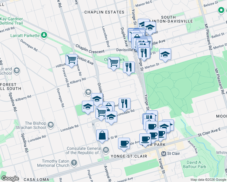 map of restaurants, bars, coffee shops, grocery stores, and more near 67 Gormley Avenue in Toronto