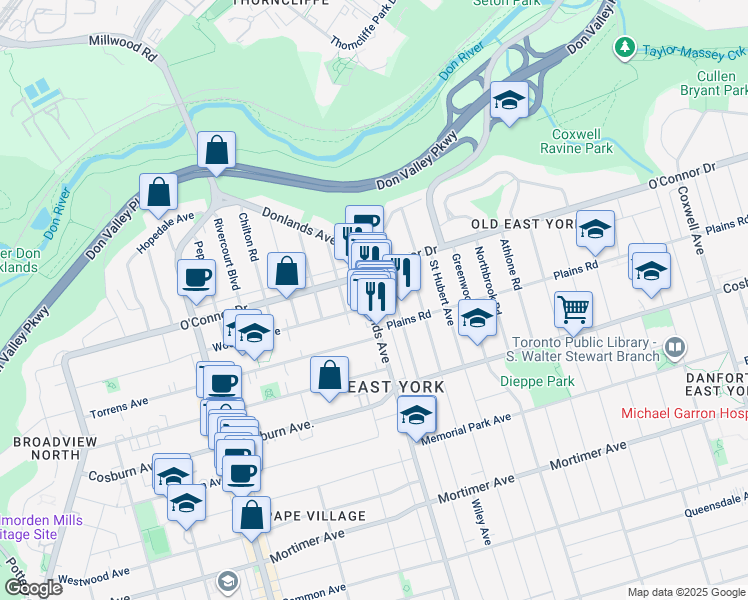 map of restaurants, bars, coffee shops, grocery stores, and more near in Toronto