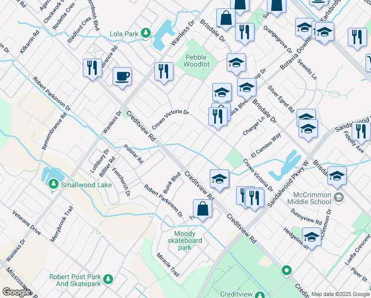 map of restaurants, bars, coffee shops, grocery stores, and more near 43 Hollingsworth Circle in Brampton