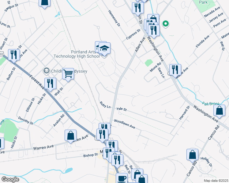 map of restaurants, bars, coffee shops, grocery stores, and more near 12 Plymouth Street in Portland
