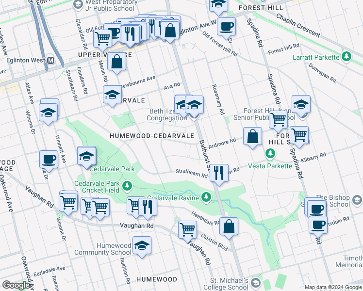 map of restaurants, bars, coffee shops, grocery stores, and more near in Toronto