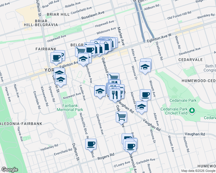 map of restaurants, bars, coffee shops, grocery stores, and more near 564 Oakwood Avenue in Toronto