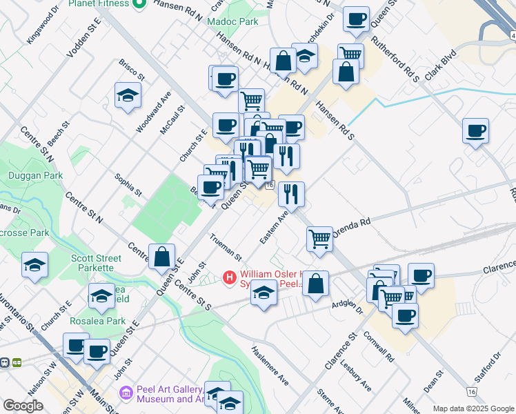 map of restaurants, bars, coffee shops, grocery stores, and more near in Brampton