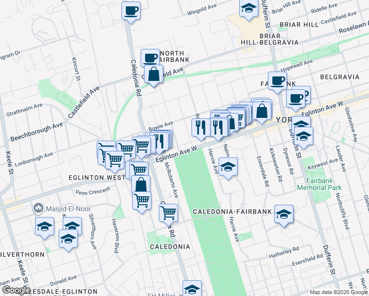 map of restaurants, bars, coffee shops, grocery stores, and more near in Toronto