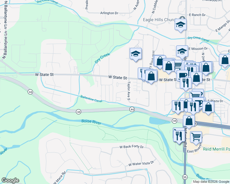 map of restaurants, bars, coffee shops, grocery stores, and more near 180 South Grandean Way in Eagle