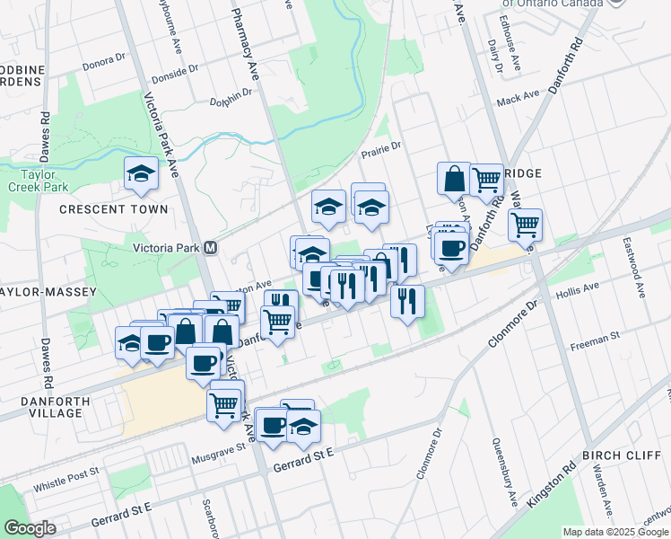 map of restaurants, bars, coffee shops, grocery stores, and more near 32 Wanstead Avenue in Toronto