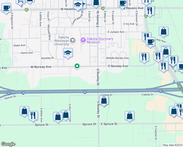 map of restaurants, bars, coffee shops, grocery stores, and more near 299 West Pine Avenue in Mitchell