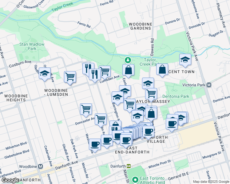 map of restaurants, bars, coffee shops, grocery stores, and more near 165 Barrington Avenue in Toronto