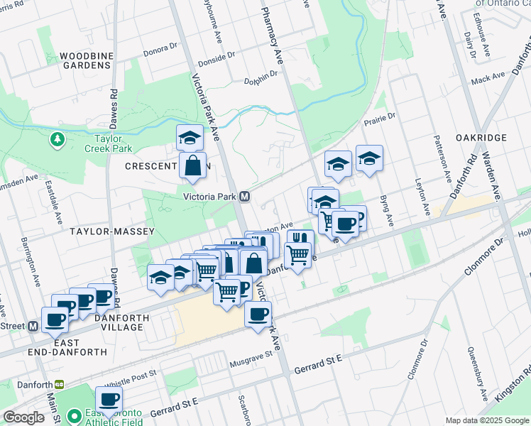 map of restaurants, bars, coffee shops, grocery stores, and more near 30 Denton Avenue in Toronto
