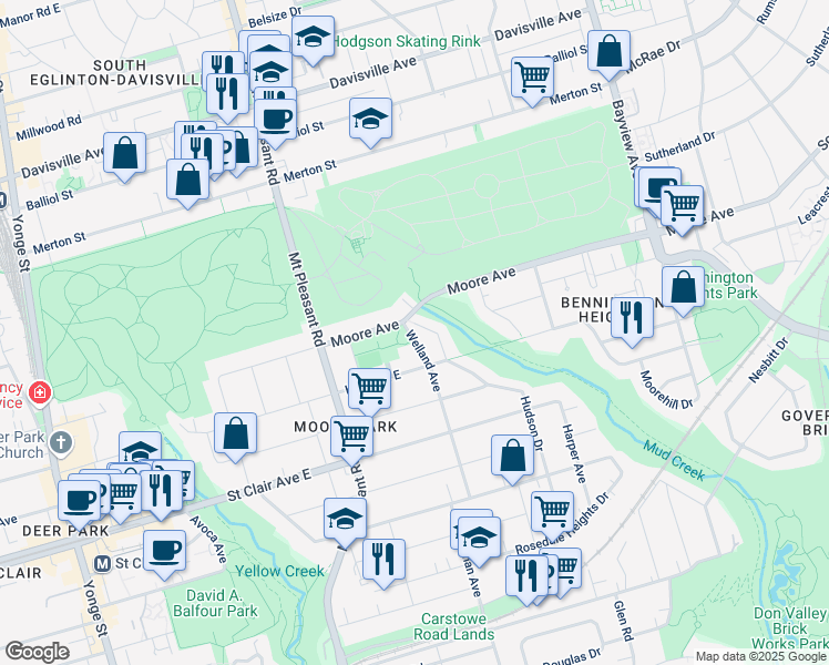 map of restaurants, bars, coffee shops, grocery stores, and more near 165 Welland Avenue in Toronto