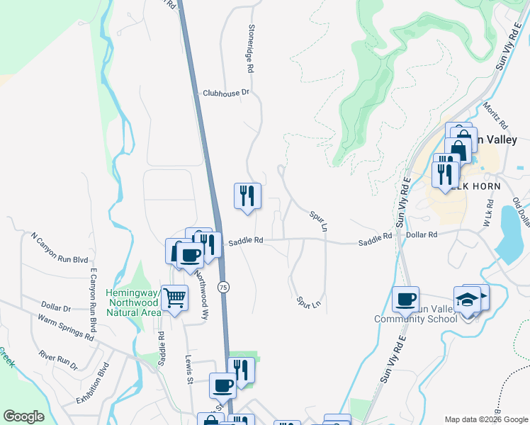 map of restaurants, bars, coffee shops, grocery stores, and more near 100 Thunder Trail in Ketchum