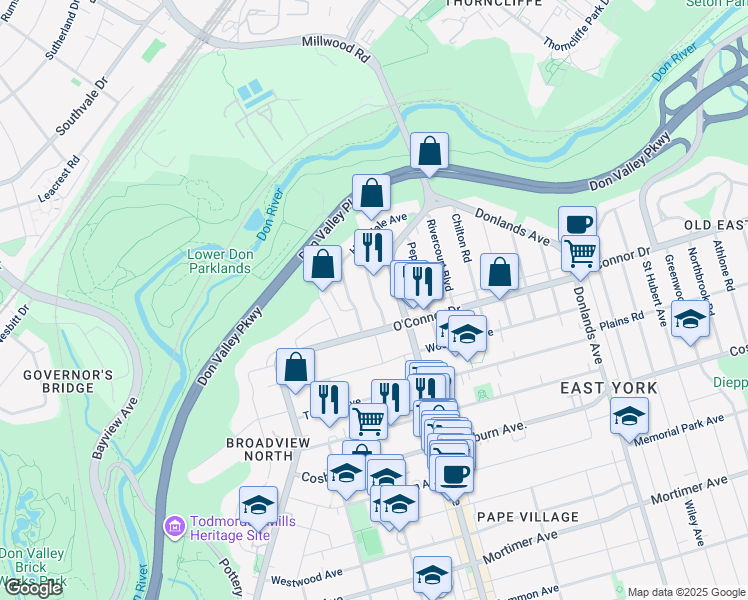 map of restaurants, bars, coffee shops, grocery stores, and more near Stanhope Avenue in Toronto