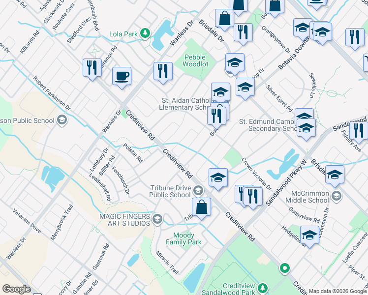map of restaurants, bars, coffee shops, grocery stores, and more near 41 Hollingsworth Circle in Brampton